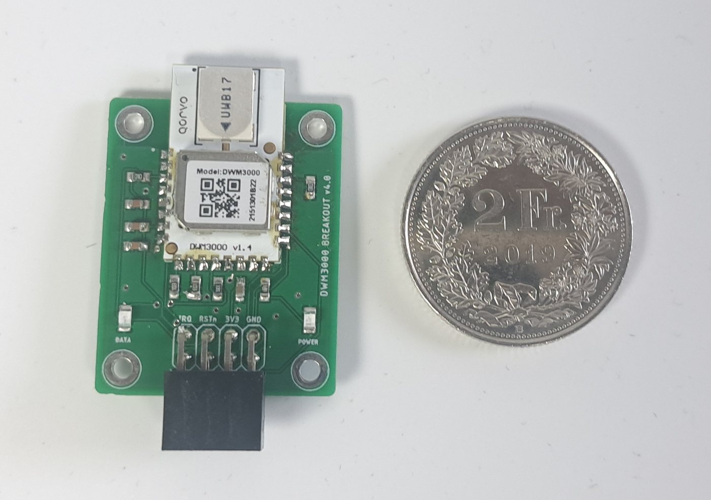 Module breakout Centilog à côté d'une pièce de 2 francs pour montrer l'échelle